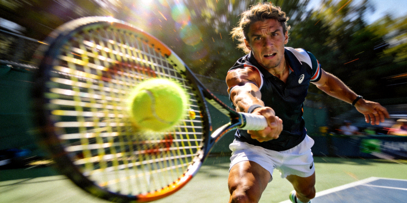 网球大满贯赛事中，选手奋力挥拍击球的专业动作特写